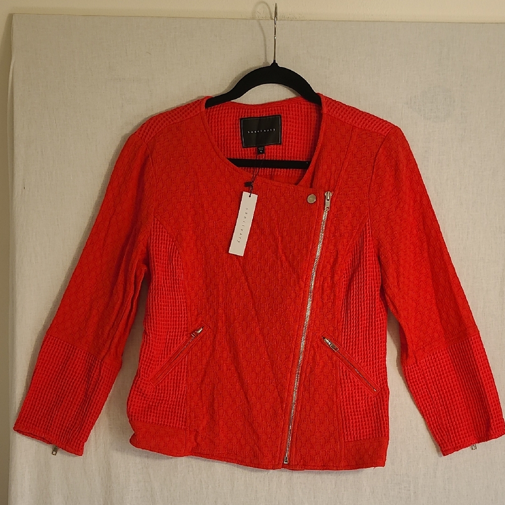 Sanctuary NWT Vibrant Coral Red Moto Cotton Knit Jacket Size Mediun